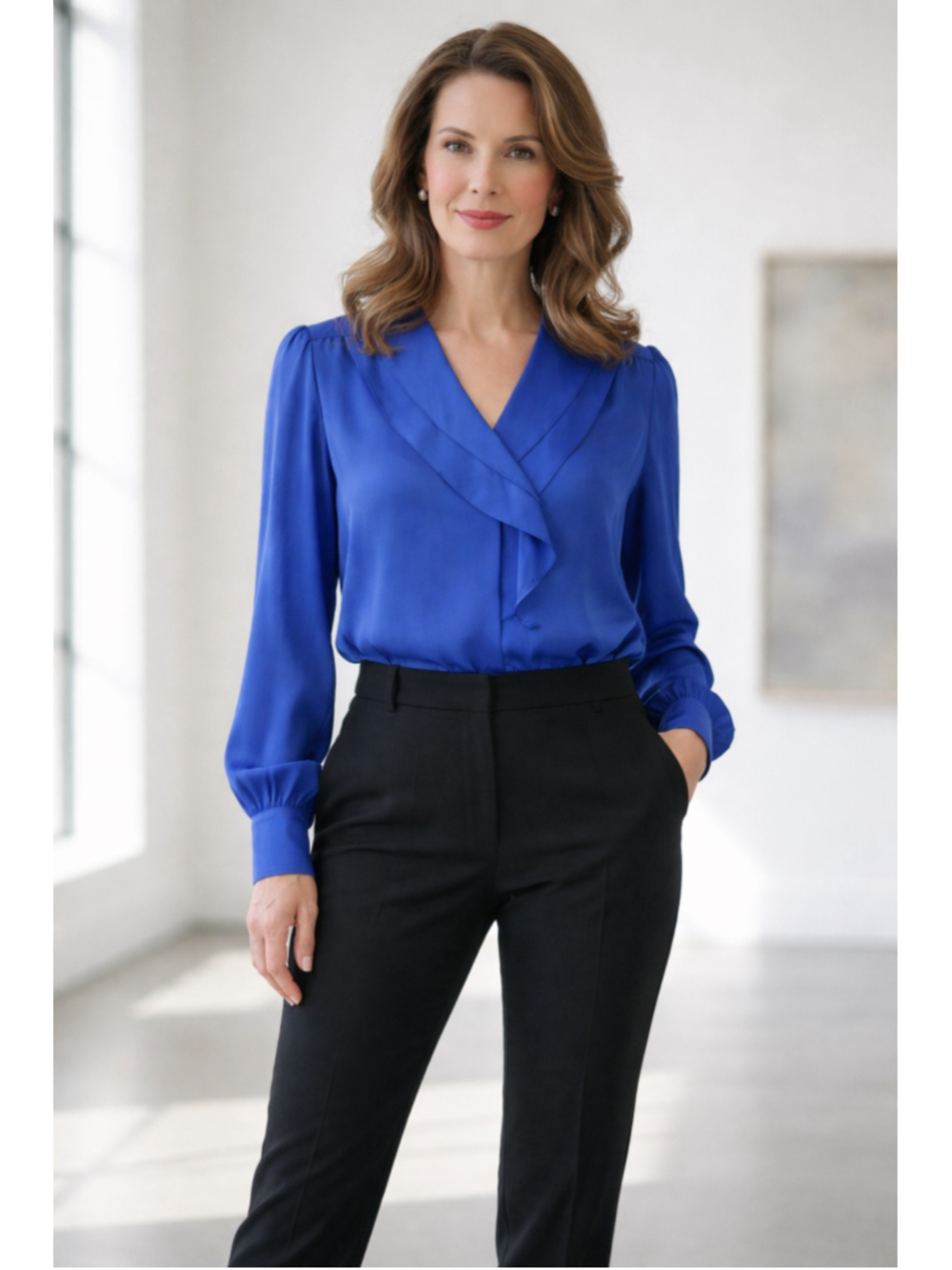 Laura Mae Vintage Satin Royal Blue Wrap Blouse Women's Size 16 (20” PTP)